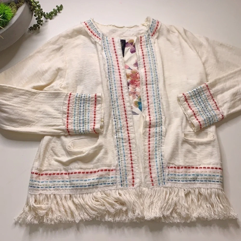 Johnny Was bohemian Embroidered fringe jacket ivory small women’s festival top - Picture 2 of 7